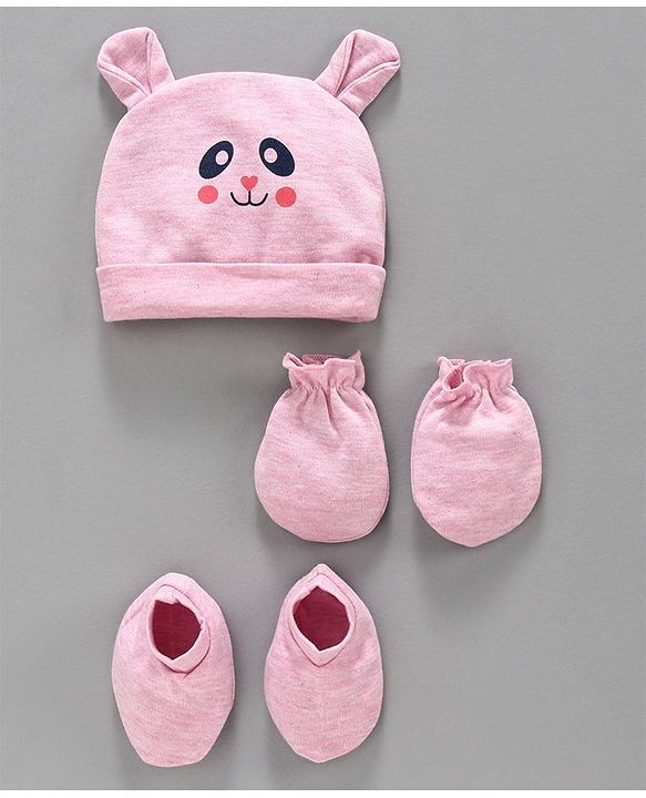 Babyhug 100% Cotton Cap with Mittens & Booties Animal Print Pink  - Diameter 9.5 cm
