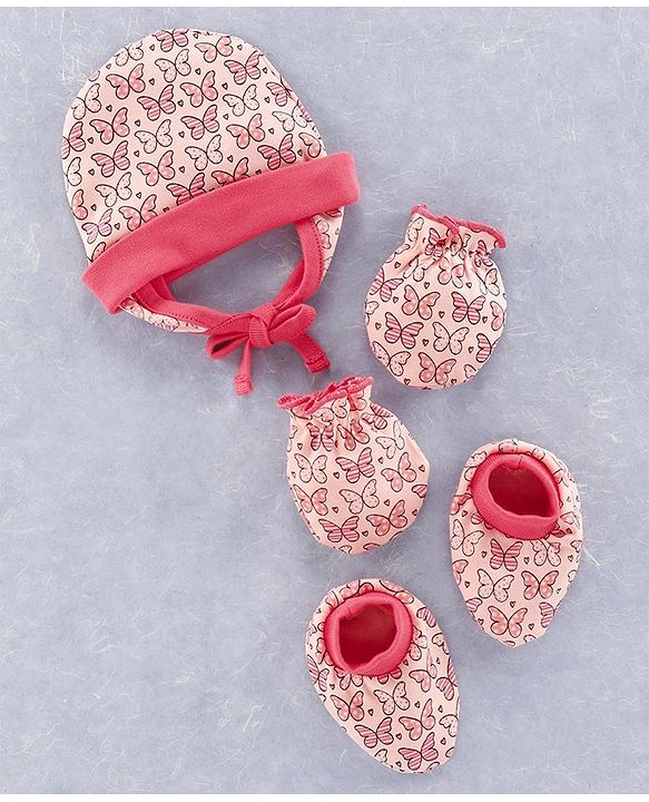Babyhug 100% Cotton Cap Mitten and Booties Set Coral  - Diameter  10 cm