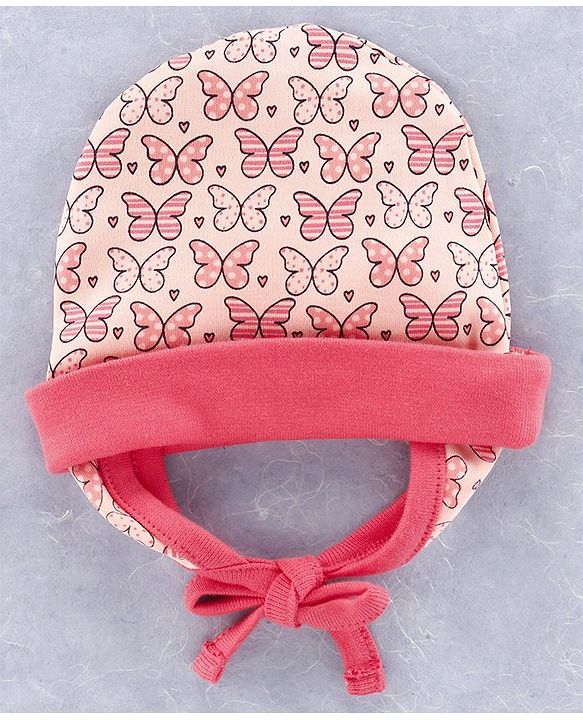 Babyhug 100% Cotton Cap Mitten and Booties Set Coral  - Diameter  10 cm