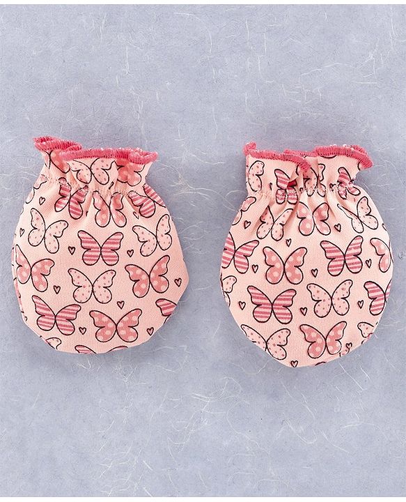 Babyhug 100% Cotton Cap Mitten and Booties Set Coral  - Diameter  10 cm