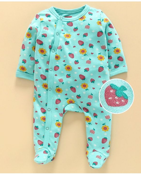 Babyhug Full Sleeves Sleepsuit Strawberry Print - Blue