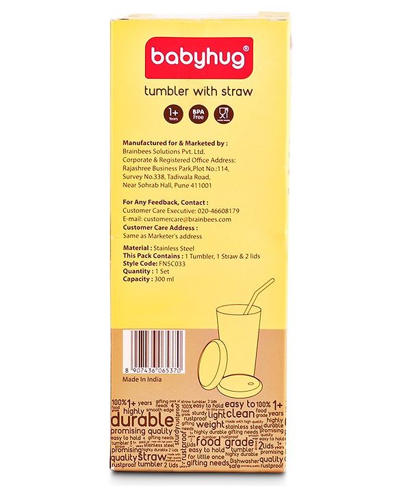 Babyhug Stainless Steel Tumbler With Airtight Lids & Straw - 300 ml