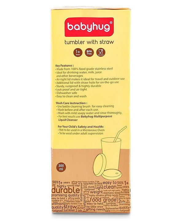 Babyhug Stainless Steel Tumbler With Airtight Lids & Straw - 300 ml