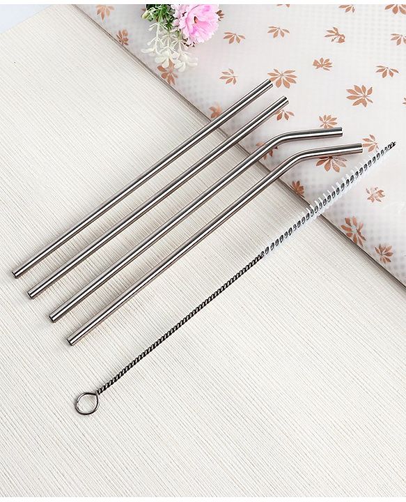 Babyhug Stainless Steel Drinking Straw With Cleaning Brush Set of 5 - Silver