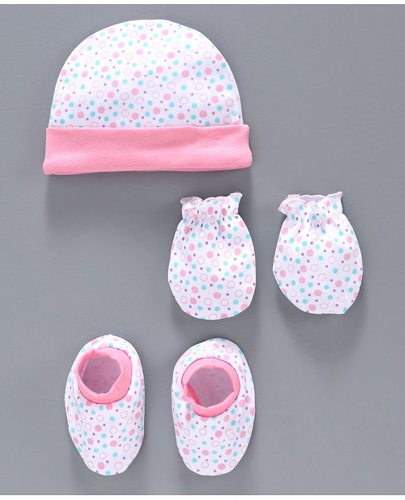 Babyhug 100% Cotton Cap Mittens & Booties Pink White -  Diameter 10 cm