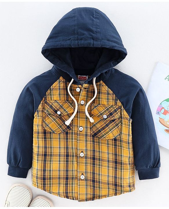 Babyhug Raglan Sleeves Hooded Checked Shirt - Yellow