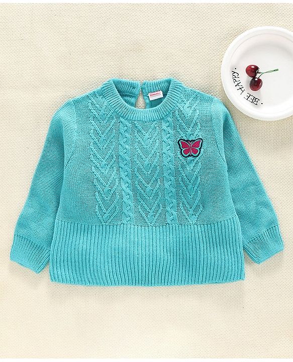 Babyhug Full Sleeves Sweater Butterfly Embroidery - Blue