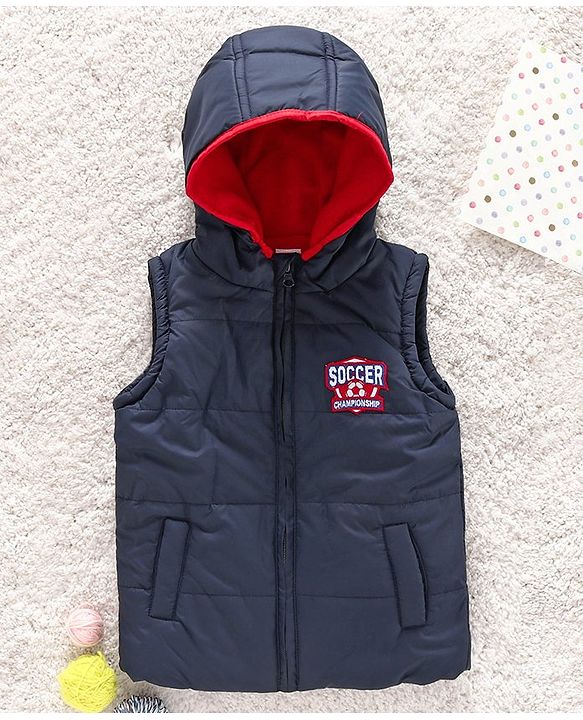 Babyhug Sleeveless Hooded Jacket Text Badge - Navy Blue