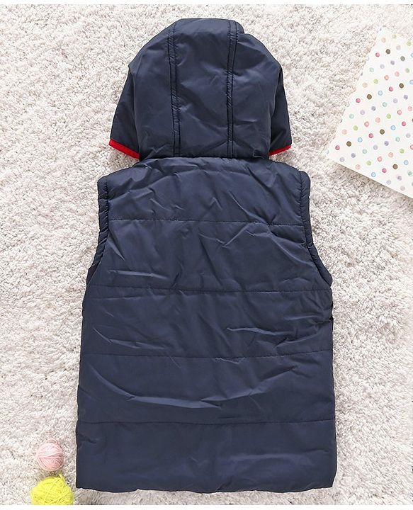 Babyhug Sleeveless Hooded Jacket Text Badge - Navy Blue