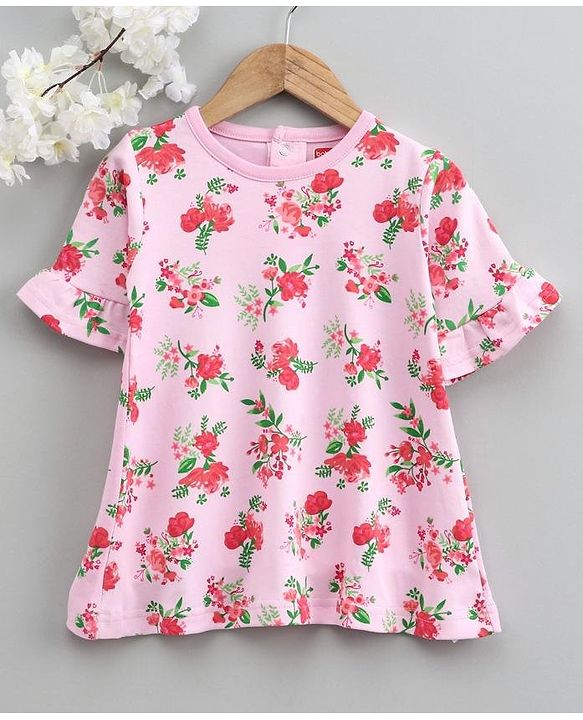 Babyhug Half Sleeves A Line Frock Floral Print - Pink