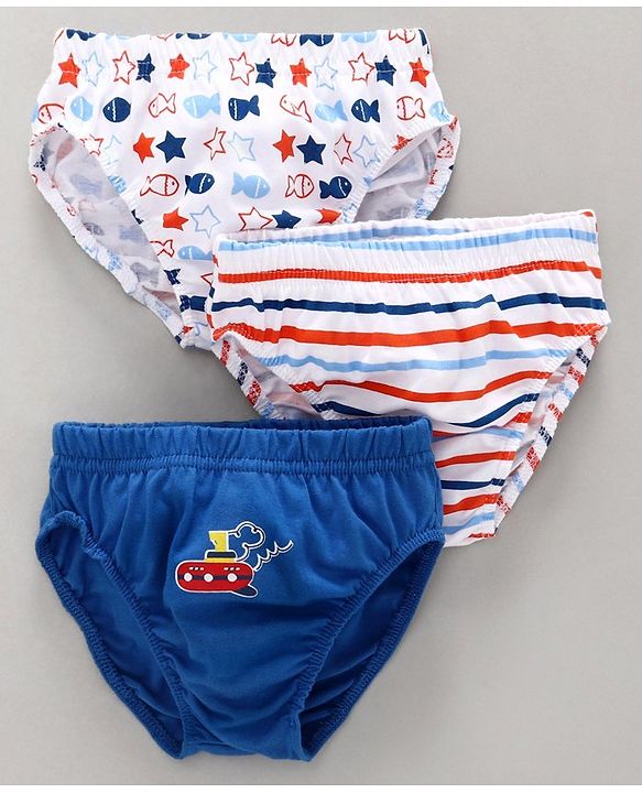 Babyhug 100% Cotton Briefs Striped & Fish Print Pack of 3 - Blue White