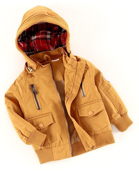 Babyhug Full Sleeves Cotton Hooded Jacket - Khaki