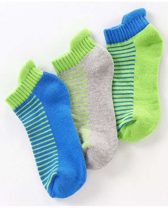 Pine Kids Anti Microbial Ankle Length Socks Striped Design with Anti Microbial Finish Pack of 3 - Green Blue Grey