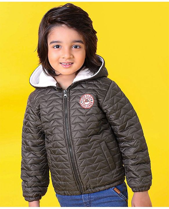 Babyhug Full Sleeves Quilted Hooded Jacket - Olive - 9-12M Green
