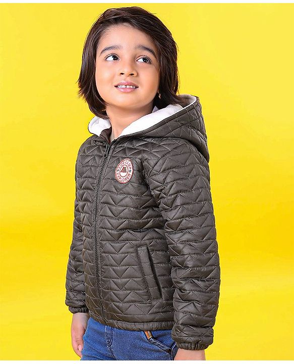 Babyhug Full Sleeves Quilted Hooded Jacket - Olive - 9-12M Green