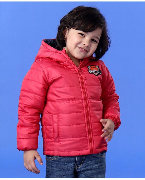 Babyhug Full Sleeves Hooded Padded Winter Jacket Basketball Patch - Red - 6-9M Red