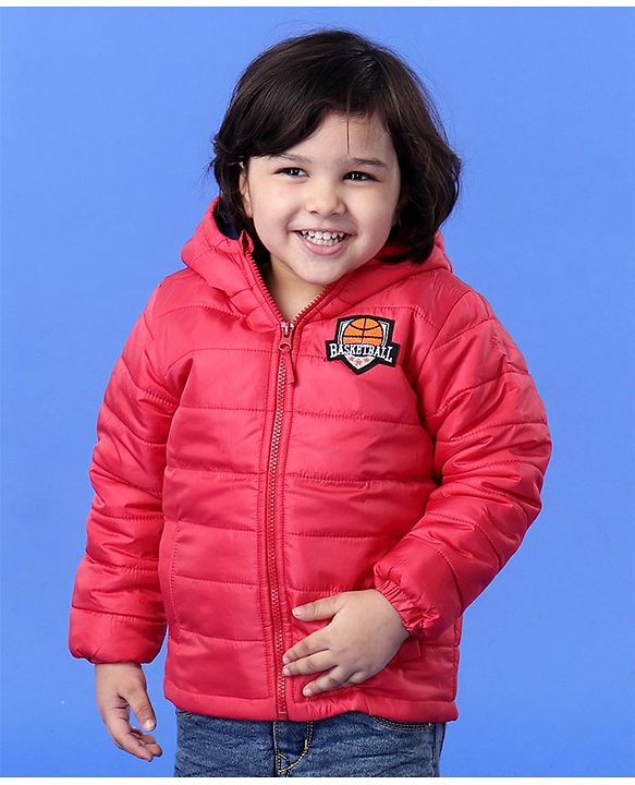 Babyhug Full Sleeves Hooded Padded Winter Jacket Basketball Patch - Red - 6-9M Red