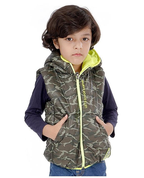 Babyhug Sleeveless Hooded Quilted Jacket Camouflage Print - Green