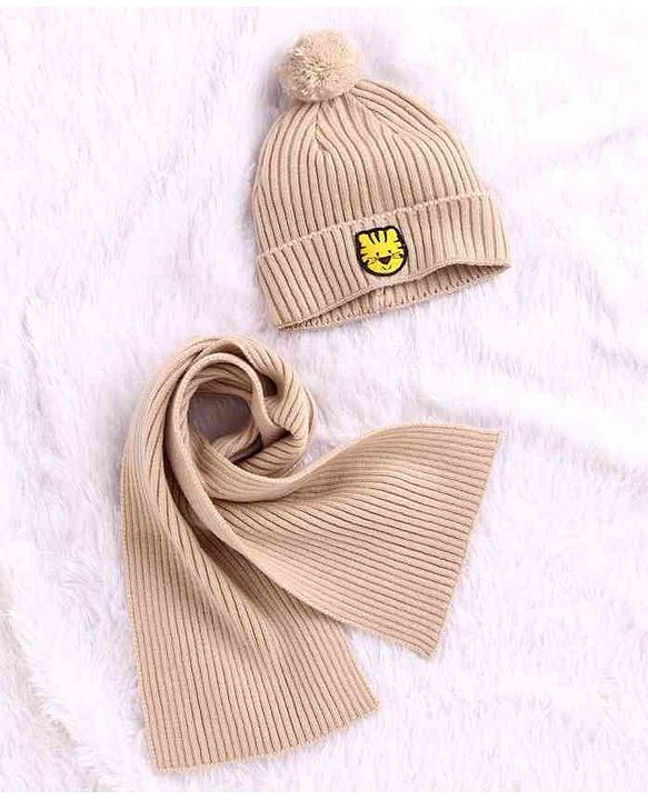 Babyhug Woolen Cap & Muffler Set Tiger Patch Beige -  Diameter 10.5 cm