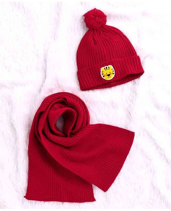 Babyhug Woolen Cap & Muffler Set Tiger Patch Red -  Diameter 10.5 cm - NB Red