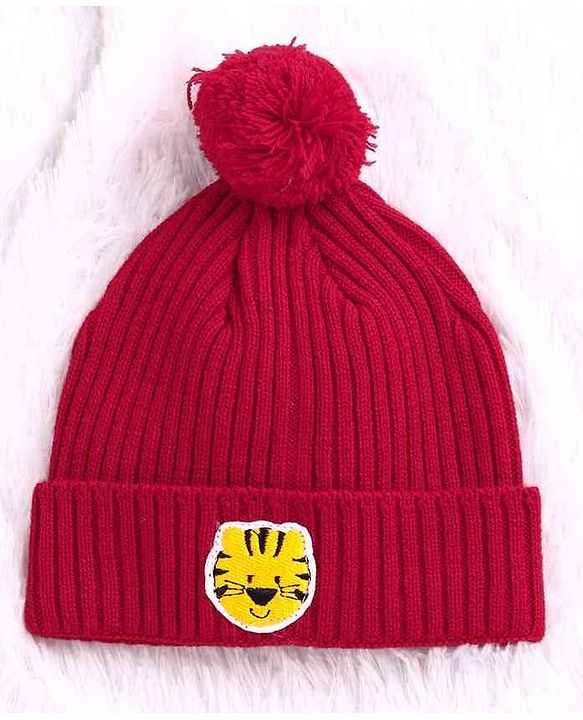 Babyhug Woolen Cap & Muffler Set Tiger Patch Red -  Diameter 10.5 cm - NB Red
