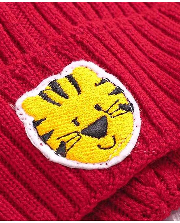 Babyhug Woolen Cap & Muffler Set Tiger Patch Red -  Diameter 10.5 cm - NB Red