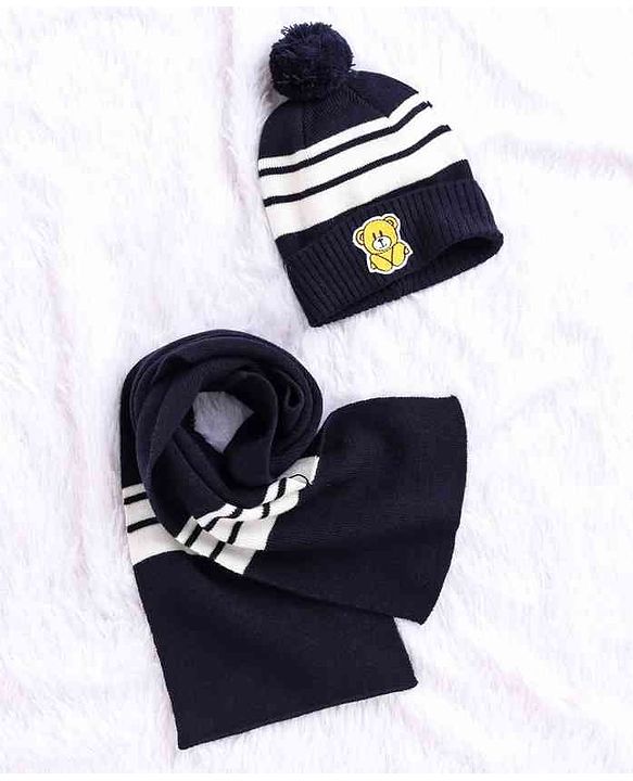 Babyhug Woollen Cap With Muffler Navy - Diameter 10.5 cm - NB Blue
