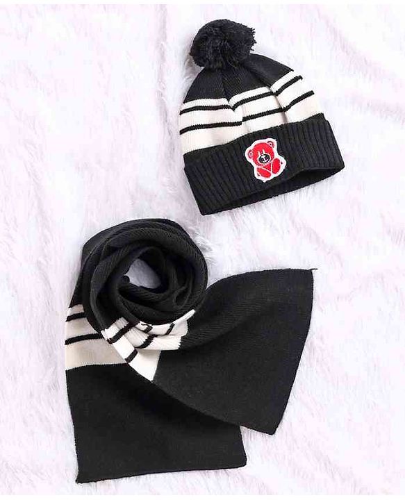 Babyhug Woollen Cap With Muffler Black - Diameter 10.5 cm - NB Black