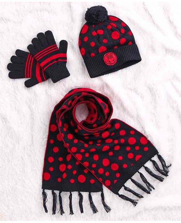 Babyhug Woollen Cap Set Polka Dot Design Navy & Red - Diameter 10 cm