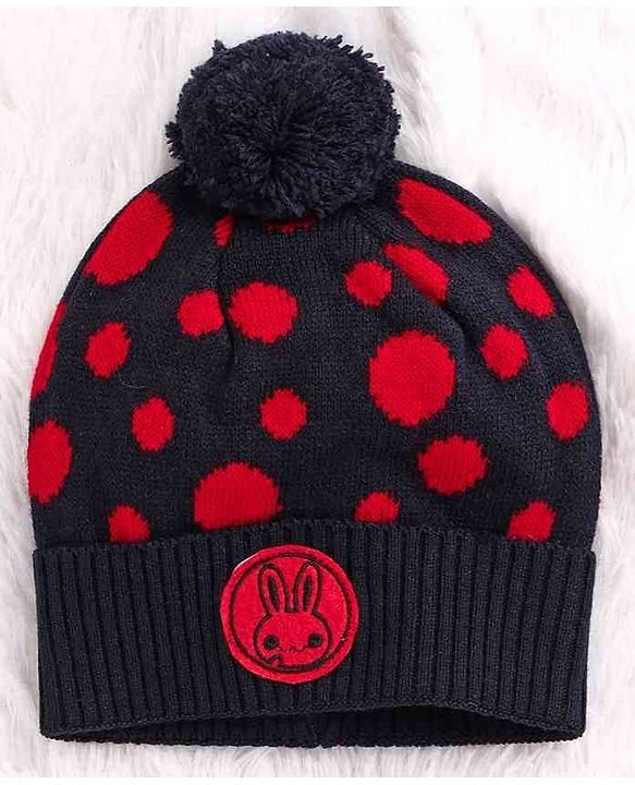 Babyhug Woollen Cap Set Polka Dot Design Navy & Red - Diameter 10 cm