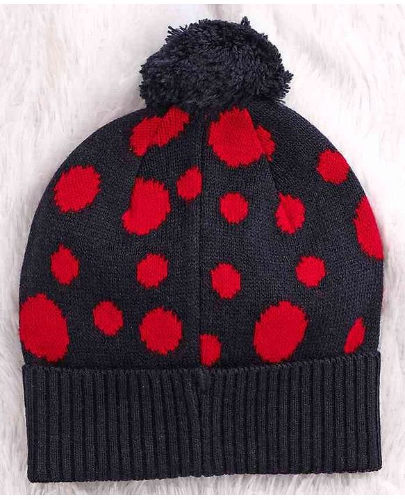 Babyhug Woollen Cap Set Polka Dot Design Navy & Red - Diameter 10 cm