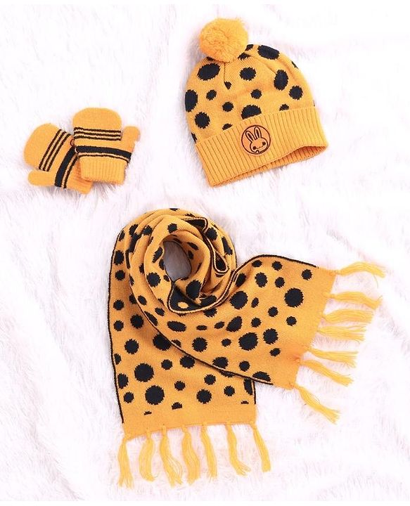Babyhug Woollen Cap Set Polka Dot Design Mustard & Navy - Diameter 10 cm - NB Yellow