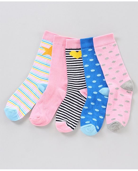 Pine Kids Mid Calf Length Anti-Microbial Socks Pack of 5 - Pink Blue
