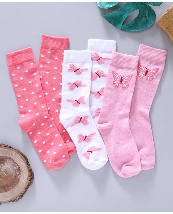 Pine Kids Mid Calf Length Anti-bacterial Socks Polka Dot Design Pack of 3 - Pink