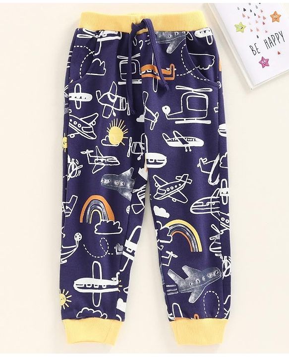 Babyhug Full Length Lounge Pant Aeroplane Print - Navy Blue