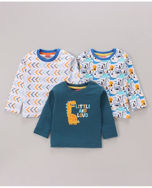 Babyhug Full Sleeves Tee Dino Print Pack of 3  - Teal White - 6-9m White