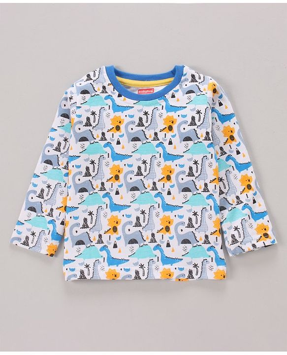 Babyhug Full Sleeves Tee Dino Print Pack of 3  - Teal White - 6-9m White