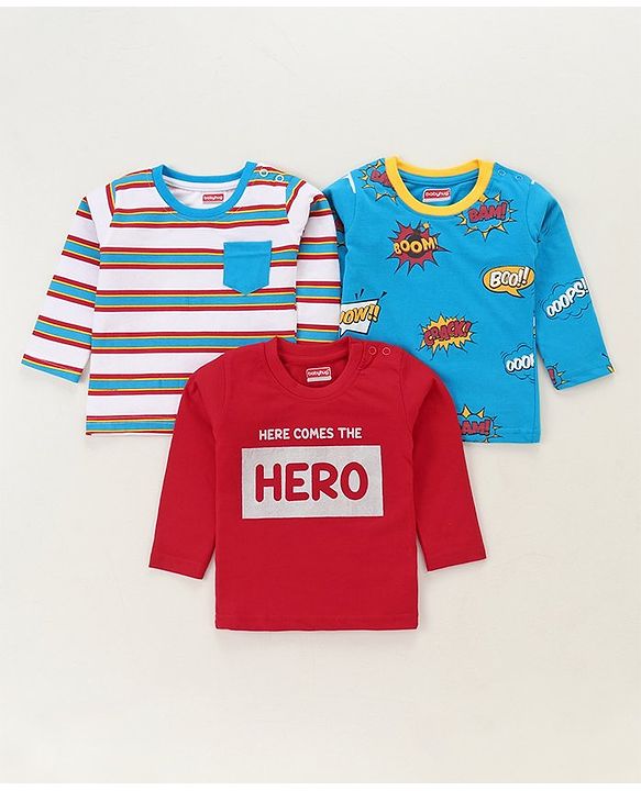 Babyhug Full Sleeves Striped & Super Hero Print Set of 3 - Red Blue
