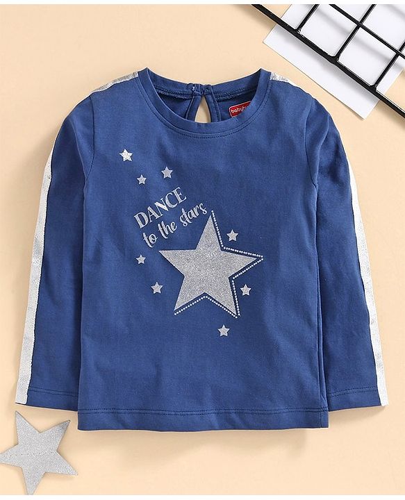 Babyhug Full Sleeves Glitter Embellished Top - Blue