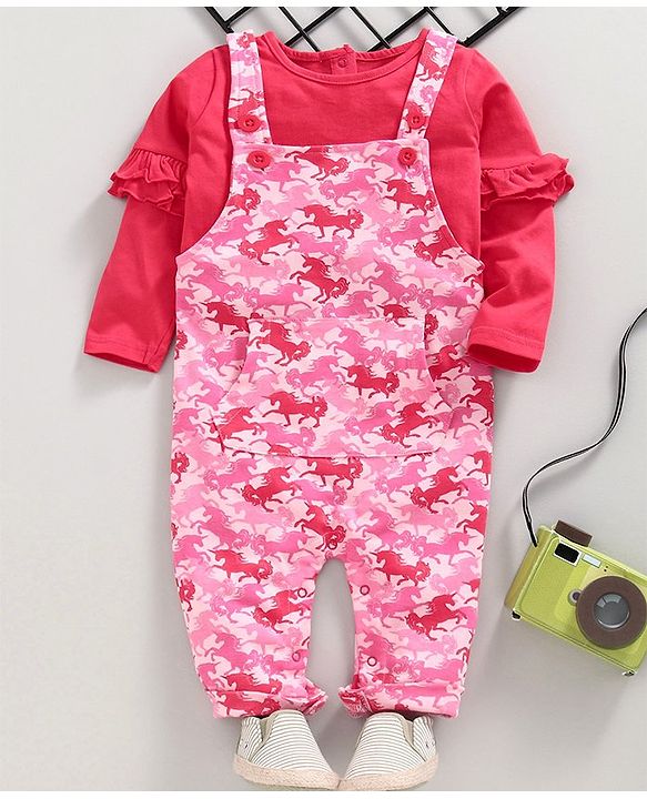 Babyhug Dungaree Style Romper with Full Sleeves Inner Tee Unicorn Print - Pink