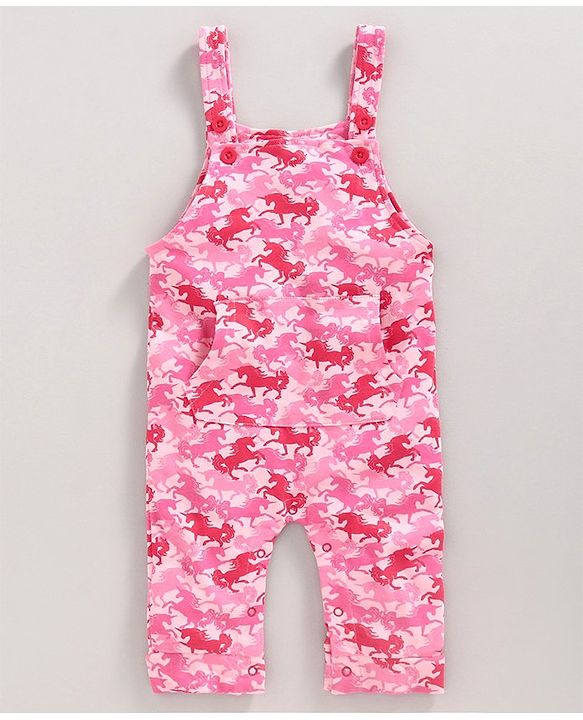 Babyhug Dungaree Style Romper with Full Sleeves Inner Tee Unicorn Print - Pink