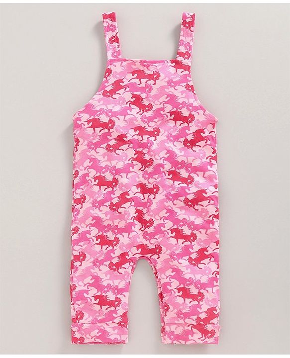 Babyhug Dungaree Style Romper with Full Sleeves Inner Tee Unicorn Print - Pink
