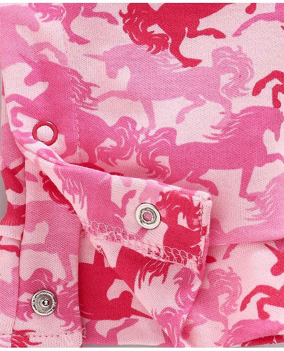 Babyhug Dungaree Style Romper with Full Sleeves Inner Tee Unicorn Print - Pink