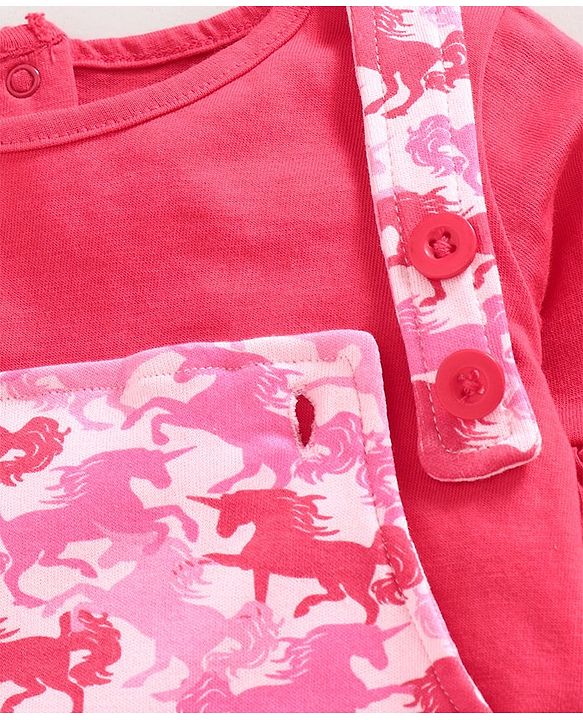 Babyhug Dungaree Style Romper with Full Sleeves Inner Tee Unicorn Print - Pink