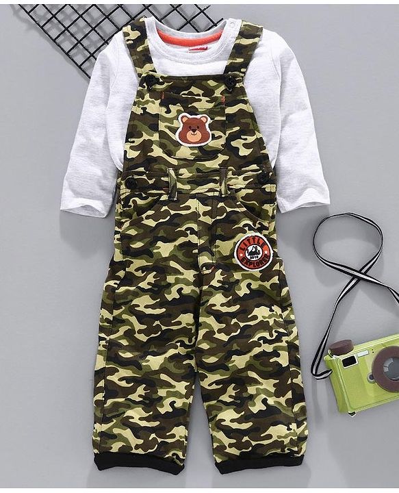 Babyhug Dungaree with Inner Tee Camouflage Print - Green Grey