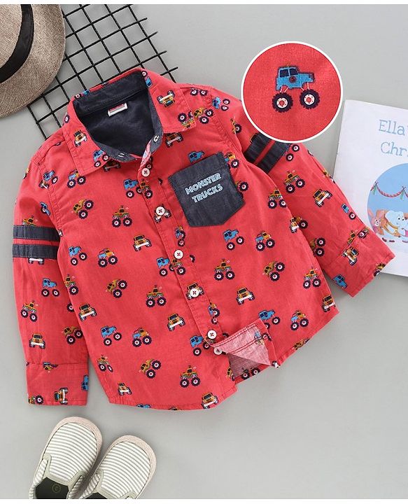Babyhug Full Sleeves Shirt Allover Vehicle Print - Coral