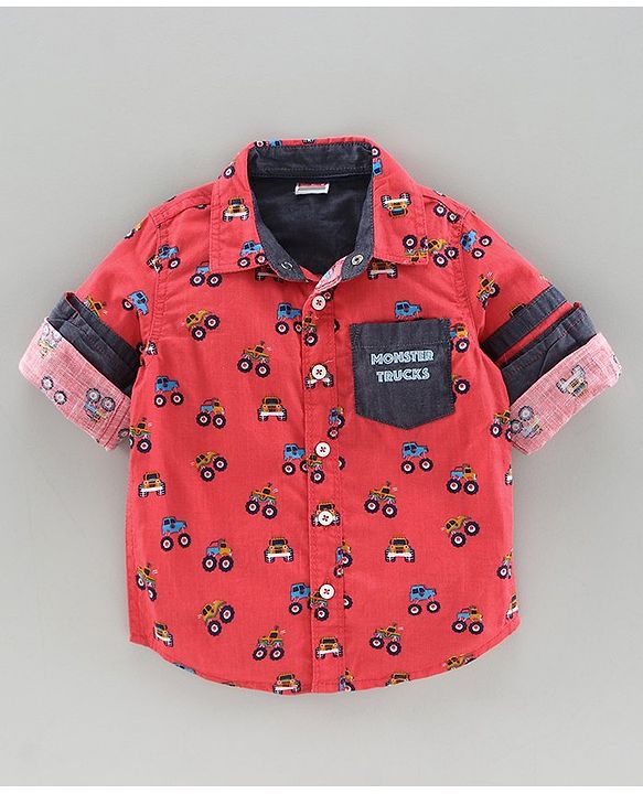 Babyhug Full Sleeves Shirt Allover Vehicle Print - Coral
