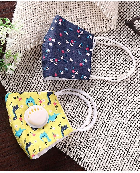 Babyhug 2 to 4 Years Printed Face Mask with Carbon Filter and Breathing Valve Yellow Blue - Pack of 2