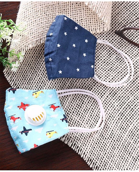 Babyhug 4 to 8 Years Printed Face Mask with Carbon Filter and Breathing Valve Light & Navy Blue - Pack of 2