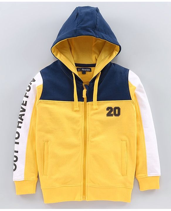 Pine Kids Full Sleeves Biowashed Hooded Sweat Jacket Numeric 20 Patch - Yellow Navy Blue